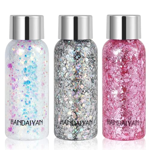 Body Glitter Gel Holographic Glitter Liquid For Festival Make Up 3 Colors Set Long-Lasting Easy To Remove (Pink,Silver,Mermaid) #TOP1