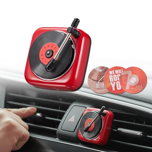 Image of Record Player Car Vent Clips Air Freshener Retro Style Album Cover Car Air Conditioning Outlet Clip Fragrance Diffuser Car Interior Decoration Accessories, Red