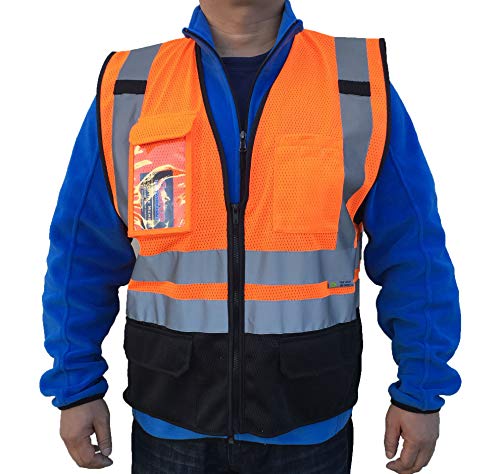 3C Products SV4400, ANSI/ISEA Class 2, High Vis Mesh Safety Vest w/Reflective, Zipper, 9 Pockets, Neon Orange w/Black Bottom,S