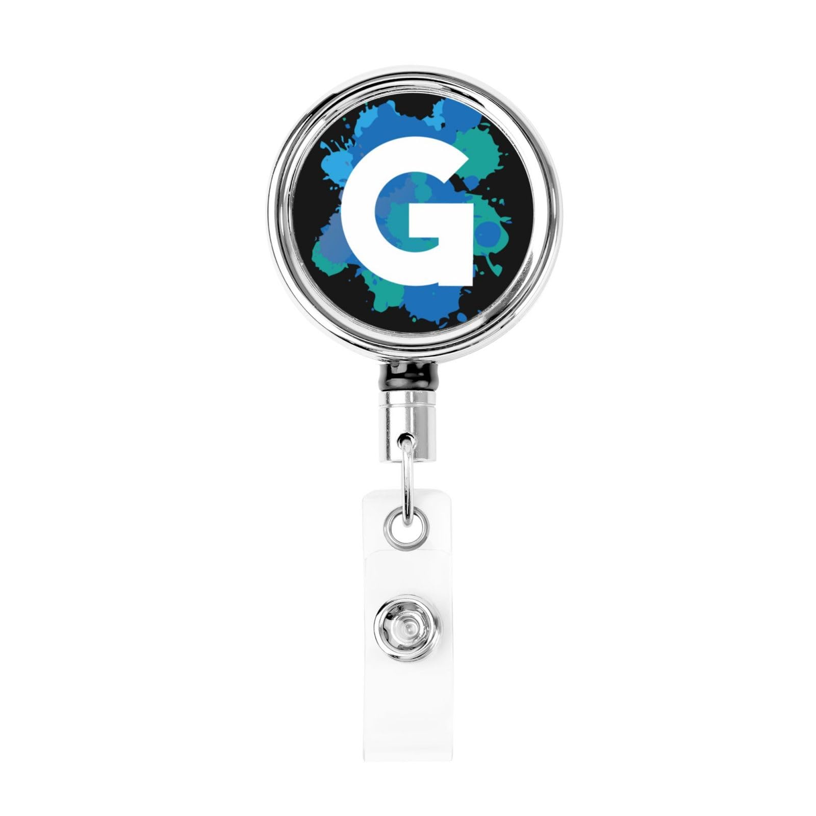 Initial Retractable Badge Holder, Colorful Badge Key Chain with Belt Clip, Metal ID Card Holder with Badge Reel for Nurse, Volunteer, Teacher, Student, Office, Splatter Letter G