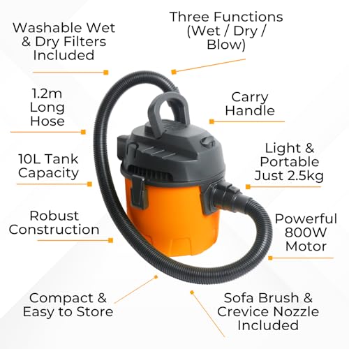 Ark Mat WET AND DRY VACUUM CLEANER with Blow Function 10L - Lightweight 2.5kg Wet Dry Hoover with 800W Suction Power, Includes Hose Crevice Tool and Washable Filters for Home Garage Car 2 Ark Mat WET AND DRY VACUUM CLEANER with Blow Function 10L - Lightweight 2.5kg Wet Dry Hoover with 800W Suction Power, Includes Hose Crevice Tool and Washable Filters for Home Garage Car - Image 2