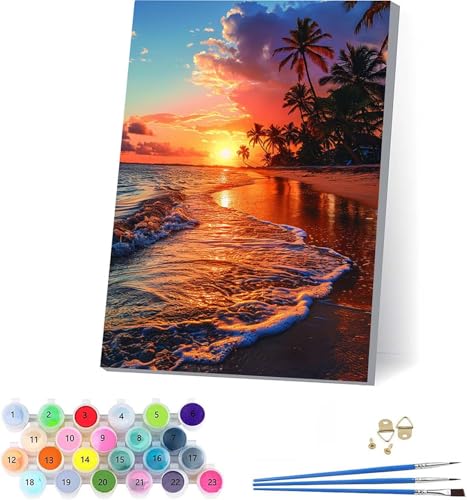 数字油絵 日没 大人用 DIY ペイントバイナンバー ビーチ 手塗り 絵 デジタル油絵セット ブラシとアクリル絵具付き 数字塗り絵 大人のクラフトアクティビティ Paint by Numbers ホーム オフィス装飾 誕生日プレゼント女性 100x130c