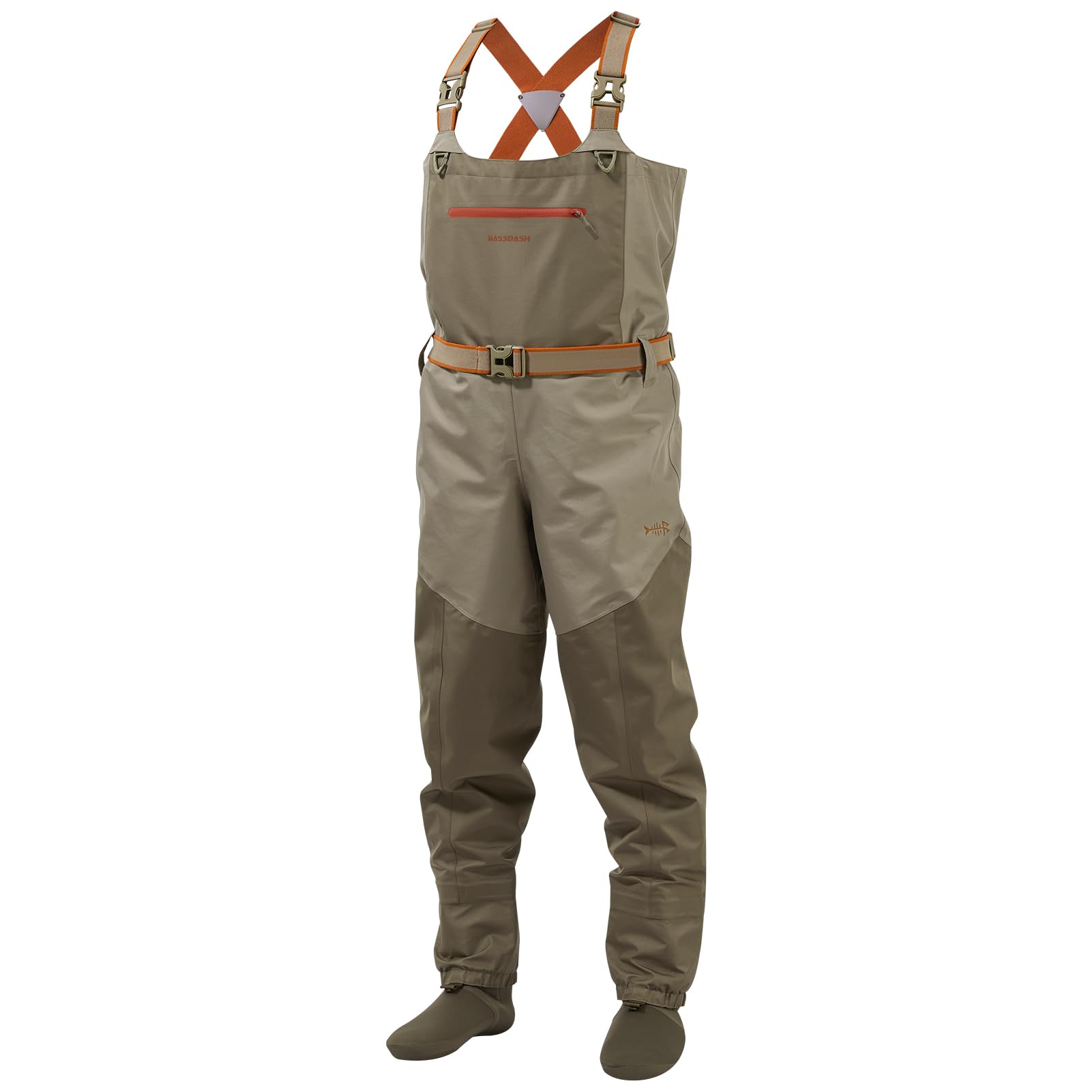 BASSDASH Men's IMMERSE Tan Waders Waterproof Breathable Fly Fishing Stocking Foot Chest Waders for Hunting Lightweight