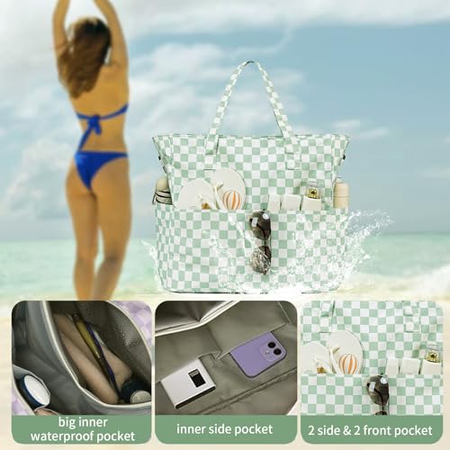 Image of LEDAOU Large Beach Bag Women Waterproof Sandproof Zipper Beach Tote Pool Bag for Swim Gym Grocery Travel with Wet Pocket