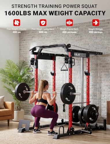 Image of YOLEO Smooth Pulley System Power Cage, Adjustable Cable Crossover Power Rack, Multi-Functional Cable Machine for Home Gym