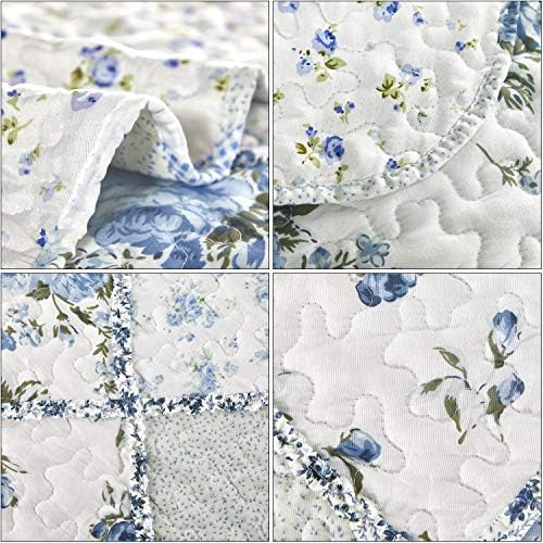 Blue Patchwork Quilt Set Double Size Quilted Bedspread Coverlets Set 3 Pieces 220 x 240 cm Floral Reversible Lightweight Comforter Stitched Bedding Set Bed Cover Throw Blanket with 2 Pillow Shams