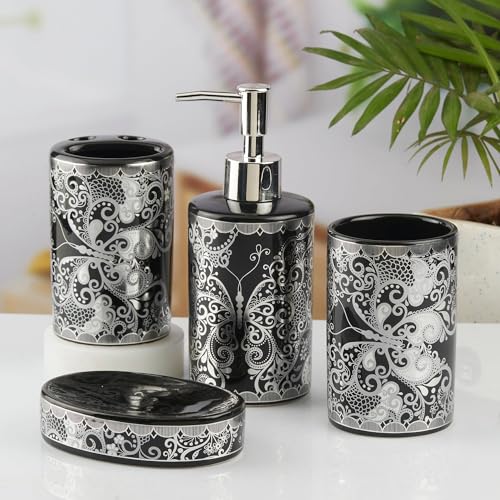 Image of SaSaSa Ceramic Bathroom Accessories Set of 4 Modern Bath Set with Soap Dispenser & Toothbrush Holder, Luxury Home & Gift Idea, Black /Silver (10461)