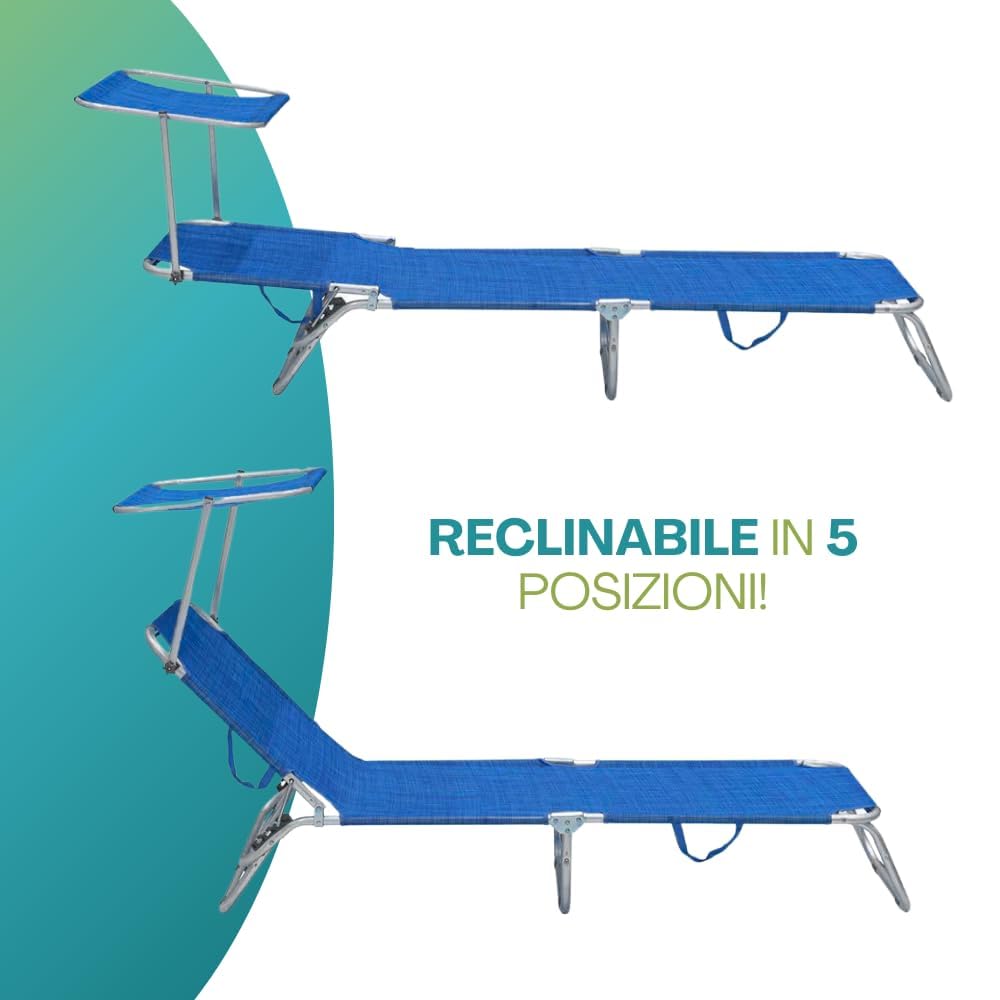 PALUPLUS Lettino Prendisole Pieghevole con Tetto Parasole con BORSA Portalettino, Misura 180x55x90 cm, Tessuto Textilene, Struttura Metallo Tubolare da 18mm, Peso Max 120kg -9301F (Blu)