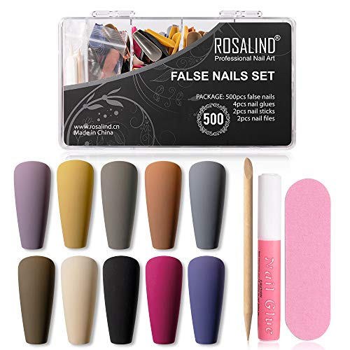 ROSALIND 500 Uñas Postizas Largas de Bailarina Largas Uñas Nail de Ataúd Mate de Otoño Uñas a Presión Uñas Artificiales de Cubierta Completa Cover