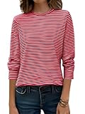 JUSTFASHIONNOW Long Sleeve Shirts for Women Striped Fall Fashion Tops 2025 Crew Neck Basic Tees Dressy Casual Blouses Xmas Clothes(Striped Red,Large)