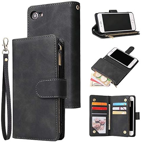UEEBAI Wallet Case for iPhone SE 2022 5G/iPhone 7/iPhone 8/iPhone SE 2020, Premium PU Leather Magnetic Handbag Zipper Case Kickstand Card Slots Wrist Strap Flip Cover for iPhone SE3/SE2 - Black Cover