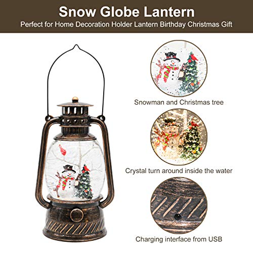 Melunar Christmas Snow Globe Lantern with Swirling Glitter and Battery & USB Powered Light 6H Timer for Christmas Home Decoration and Gift (Christmas Tree and Snowman)