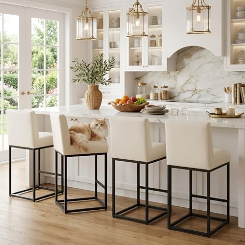 Image of HNY Modern Counter Height Bar Stools Set of 6, Leather Upholstered Barstools with Back, 27 Inch Tall Bar Chair with Armless for Kitchen Island, with Black Metal Frame, White