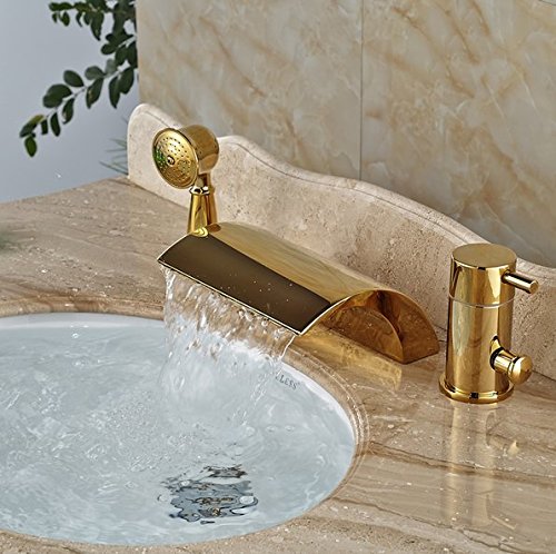 Mitigeur cascade baignoire laiton doré LED avec douchette manuelle