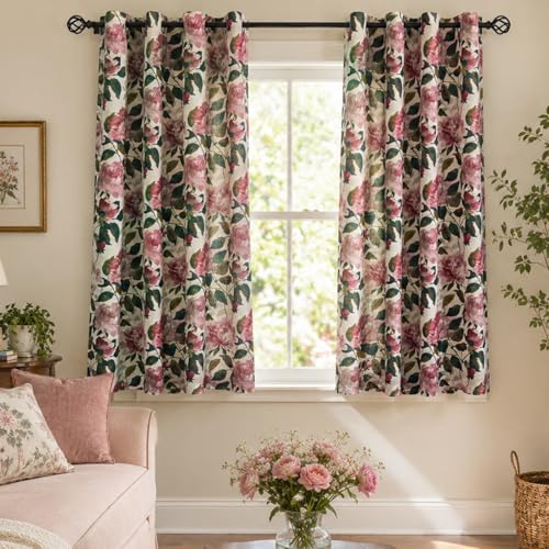 Image of ALIGOGO Pink Floral Linen Curtains for Kitchen, 2 Panels 50 inch W x 54 inch L