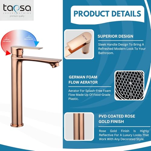 Image of Tapsa Kubix Series Brass Rose Gold Single Lever Basin Mixer Faucet | Modern Single Lever | 12 Inch Tall Body Tap | Hot & Cold Water Mixer for Bathroom, Kitchen Basin Mixer Faucet