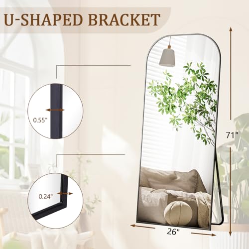 Image of Koonmi Mirror, 71x26 inch Full Length with Stand, Black, Rounded Top, Floor Mount, Aluminum Frame, for Bedroom, Living Room