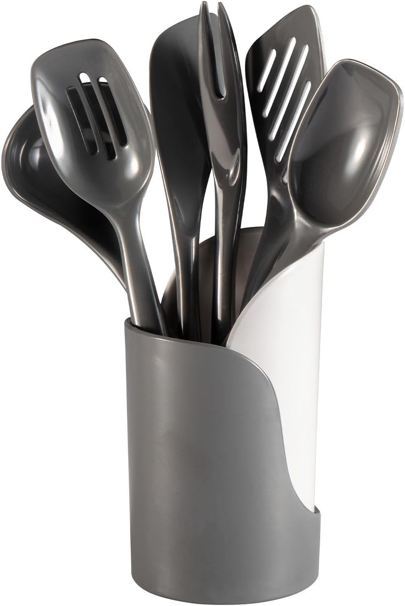 Hutzler 7-Piece Mini Melamine Cooking Utensils and Storage Crock Set, Includes 7.5 Inch Long Fork, Slotted Spoon, Solid Spoon, Ladle, Spreader and Slotted Turner (Gray) Hutzler 7-Piece Mini Melamine Cooking Utensils and Storage Crock Set, Includes 7.5 Inch Long Fork, Slotted Spoon, Solid Spoon, Ladle, Spreader and Slotted Turner (Gray)