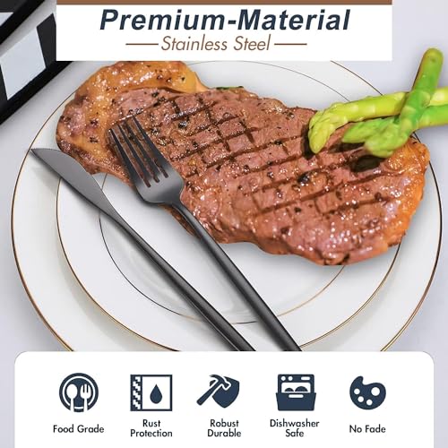 Image of BonZeaL Stainless Steel 24 Pieces Black Cutlery Set for 6 Person with Stand Mirror Finish Flatware Set for Dining Table Hotel Cafe Bar Restaurant Premium House Warming Gifts for New Home Kitchen