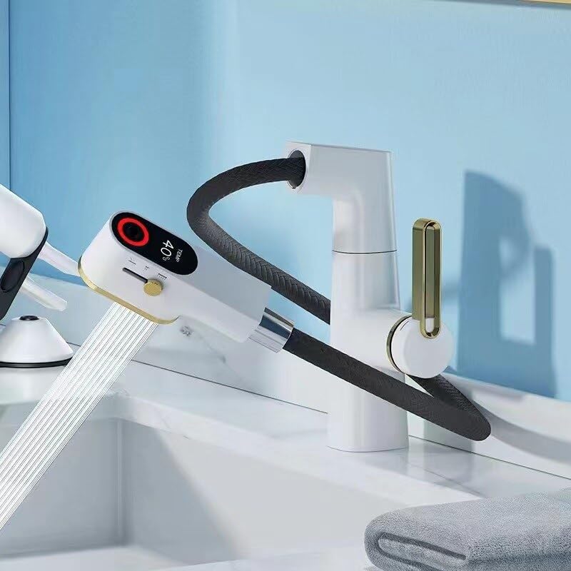 Grifo de Lavabo LED con pantalla digital y diseño extraíble en blanco 2