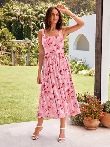 Image of Sureple Midi Dresses for Women 2026 Spring Square Neck Tank Sleeveless A Line Casual Summer Sundresses with Pockets