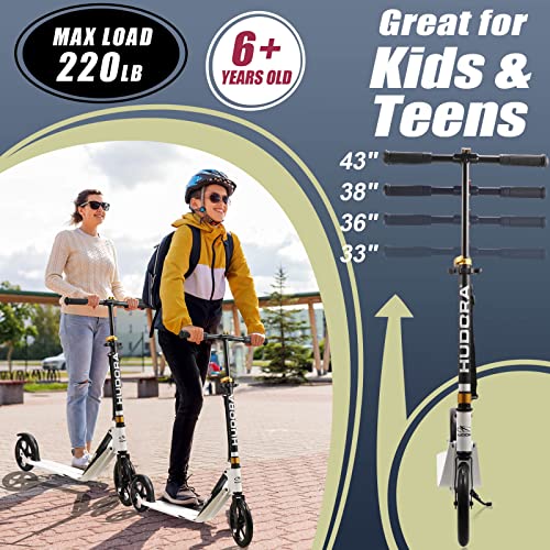 Hudora 230 Adult Scooters Folding Height Adjustable Kick Scooters, Scooter For Adults Supports Up To 265 Lbs, Aluminum Commuter Scooter For Teens Outdoor Use (White) #TOP3