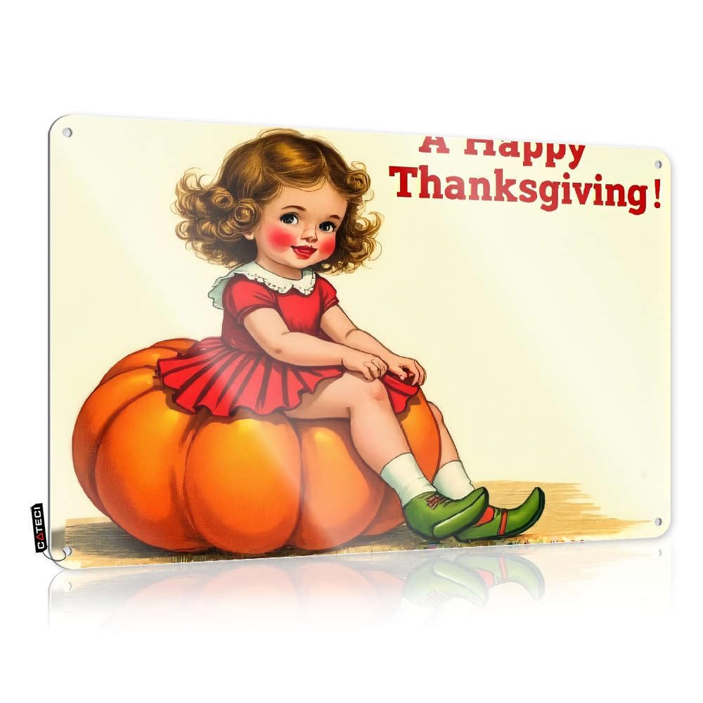 Tin Sign Handmade Highland Welcome Bell Pre-drilled & The Lovers Decor Flat Print | A Little Girl Sitting On Pumpkin. For Mens Country Wall - Street Accessories(30X40CM)