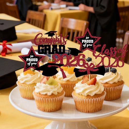 Image of 48 PCS Graduation Cupcake Toppers 2026, 6 Styles Grad Cake Topper, Congrats Graduation Decorations, Black and Burgundy Glittery Cap and Diploma Cake Picks for Grad Party Decor Supplies