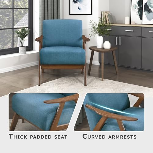 Lexicon Mid Century Modern Accent Chair with Solid Wood Frame in Walnut Finish, Upholstered Living Room Lounge Arm Chair, Thick and Comfy Innerspring Seat Cushion, Linen-Look Fabric, Blue - Image 6