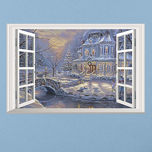 Dnven Merry Christmas Wall Decals 3D Christmas Winter Castle Snowing False Faux Window Mural High Definition Vinyl Bedroom Living Room Playroom Stickers 23 Inches X 15 Inches #TOP5