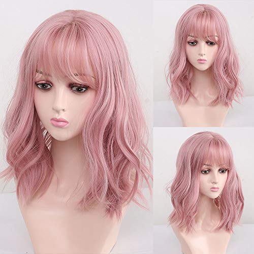 Huasea 12" Pink Wig Wavy Wig with Bangs Short Curly Bob Wig Shoulder Synthetic Cosplay Party Wigs for Women