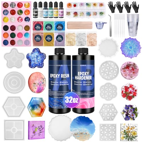 Epoxy Resin Kit for Beginners, 32oz Resin Kit with Coaster Molds,...