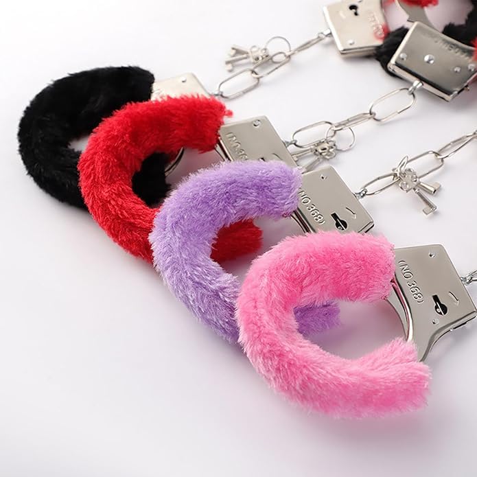 Image of Kids Toy Handcuffs with Fluffy Cover - Safe Pretend Play Metal Handcuffs with Keys - Soft Plush Covering for Police Role Play & Fancy Dress