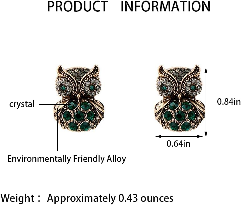 Rofeego Owl Antique Stud Earrings/Gifts for Owl Enthusiast/Pave Green Crystal - Image 5