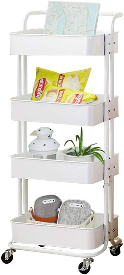 U-HOOME Storage Trolley Cart - Rolling Utility Organizer Rack with Mesh Basket Lock Wheels - Multi-Purpose ABS Shelf for Office Library Kitchen Kids' Room Bathroom Laundry Room (White 4 Tier)