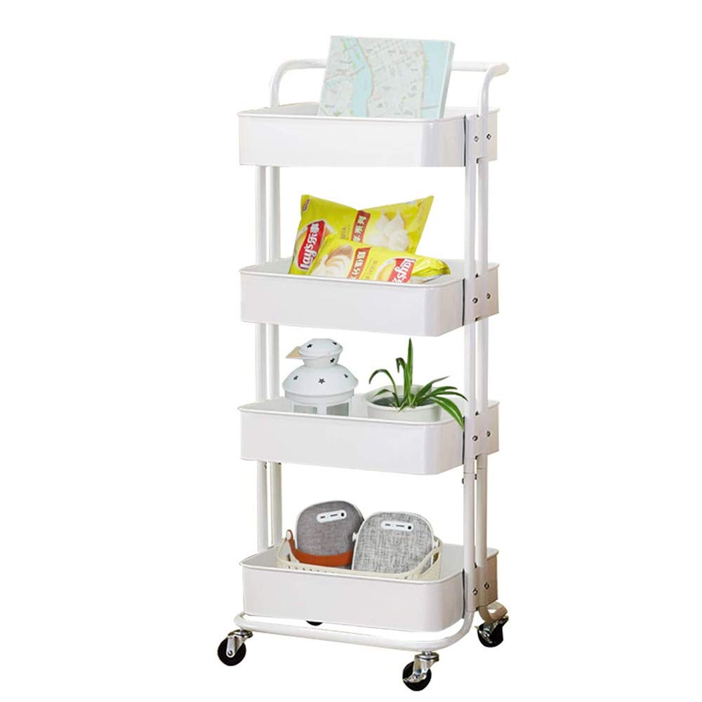 U-HOOME Storage Trolley Cart - Rolling Utility Organizer Rack with Mesh Basket Lock Wheels - Multi-Purpose ABS Shelf for Office Library Kitchen Kids' Room Bathroom Laundry Room (White 4 Tier)
