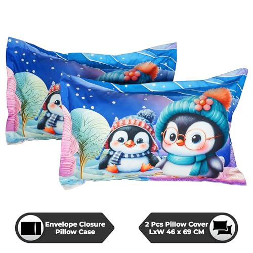 Image of Story@Home Penguins 7D bedsheet for Double Bed 240TC Premium Cotton Feel Microfiber with 2 King Size Pillow Cover | 225 cm x 250 CM | Pink Penguin Kids bedsheet for Boys and Girls