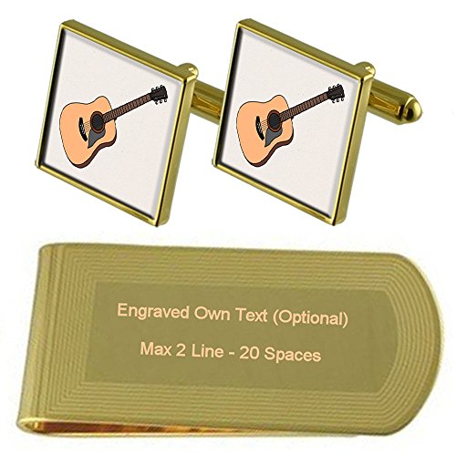 Guitarra acústica de tono oro gemelos y pasacorbatas con grabado personalizado