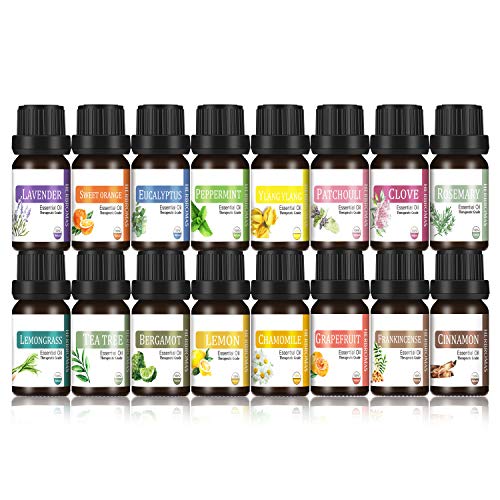 HERBROMAS - Essential Oils Set Top 16x10ml 100% Pure and Natural Oils for Aromatherapy Diffuser [Lavender Eucalyptus Rosemary Frankincense Cinnamon Clove Patchouli Bergamot Ylang Ylang Chamomile]