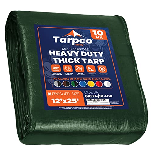 Image of Heavy Duty 10 Mil Tarp Cover, Waterproof, UV Resistant, Rip and Tear Proof, Poly Tarpaulin with Reinforced Edges for Camping, Roof, Patio, Pool, Boat. (Green /Black 12′ X 25′)