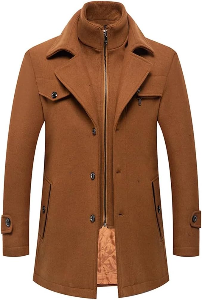 Dninmim Men's Slim Fit Wool Trench Coats Middle Long Outerwear Double Collar Zipper Solid Casusal Jacket