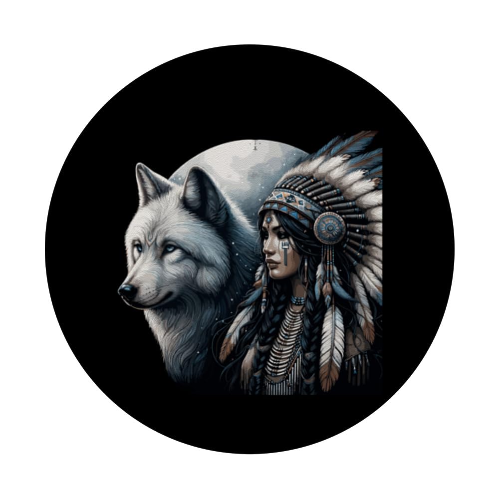 Indian Native American Woman With White Wolf Vintage PopSockets Swappable PopGrip, Black - Image 3