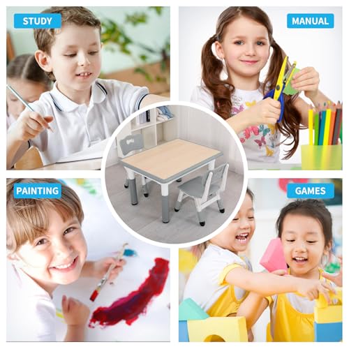 UNICOO Kids Table and Chairs Set, Height Adjustable Toddler Study Table and Chairs, Arts & Crafts Table, Suitable for Ages 2-10, Childrens Activity Table, Preschool Furniture (BY-60-MGY)
