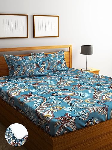 Image of Home Sizzler 144TC Artistic Dreams Teal Blue Elastic Fitted Double Bedsheet with 2 King Size Pillow Covers, Fit for Mattress: 72 inchX75 inch & 72 inchX78 inch