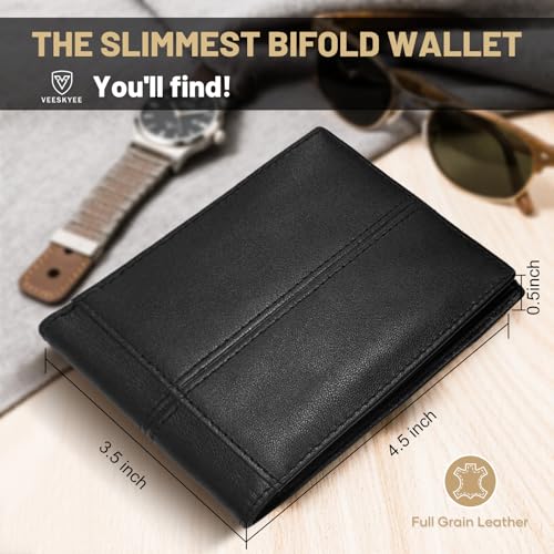 Men's Wallet Full Grain Leather Slim Bifold Wallets | RFID Blocking with Gift Box Black4