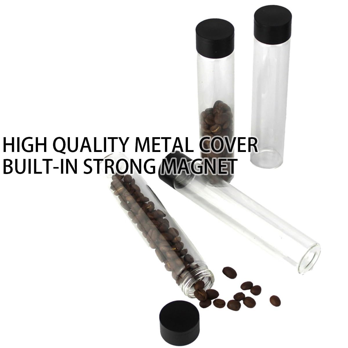 Kaffeebohnen-Aufbewahrungsröhren aus Glas mit magnetischen Deckeln, Metallständer, luftdichte Behälter für Frische, 45 g Kapazität für Kaffee oder Tee, 4 Stück