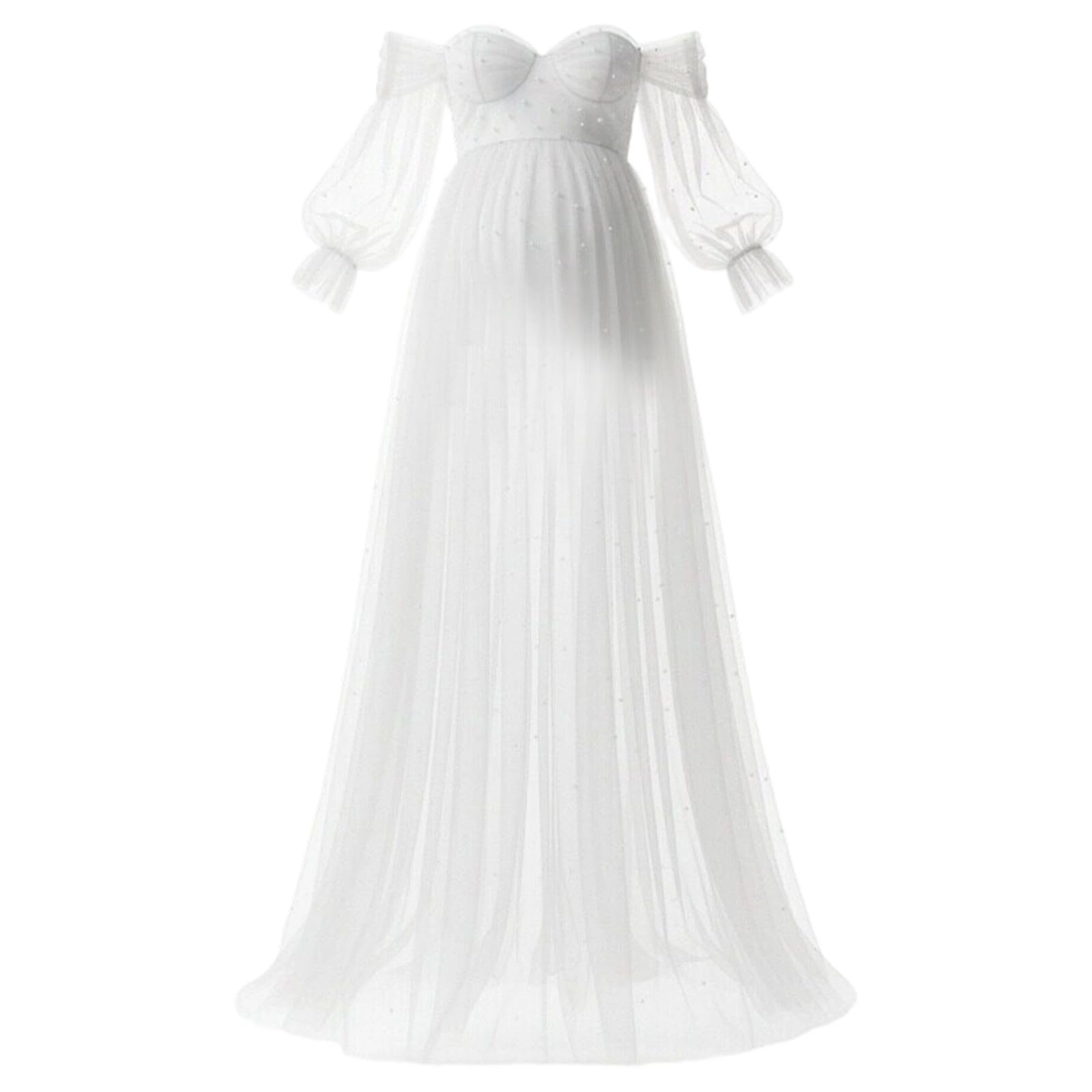 Robe de maternité élégante avec empiècement en résille et détails perlés, robe longue de cérémonie à épaules dénudées pour séance photo de grossesse et occasions spéciales, coupe ajustable et fluide