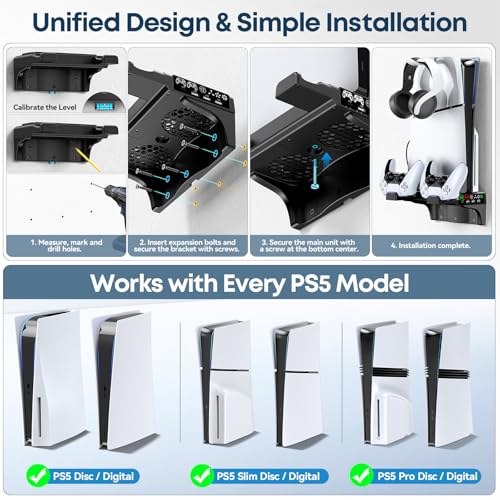 Image of P5 /Slim /Pro Wall Mount Kit with Cooling Fan & Charging Station, P5 Shelf Floating Mount for PA 5 /Slim /Pro Disc & Digital Console, PA 5 Wall Bracket Behind TV, PS Five Accessories, Black