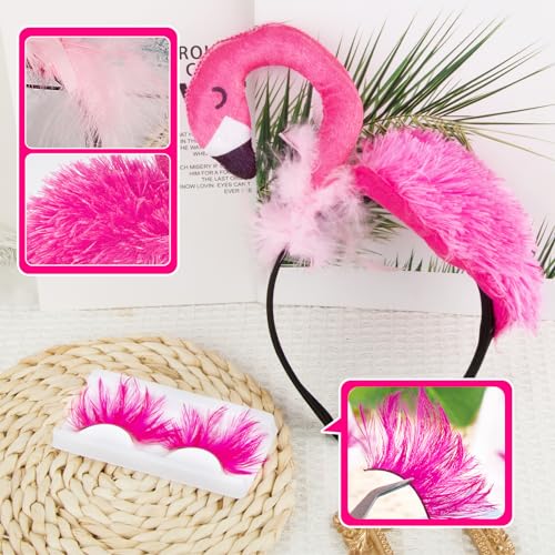 BETESSIN Flamingo Kostüm Damen Flamingo Haarreif mit Künstliche Wimpern Rosa Fasching Karneval Feder Wimpern Flamingos Party Cosplay Feder Stirnband Faschingskostüm Accessoire