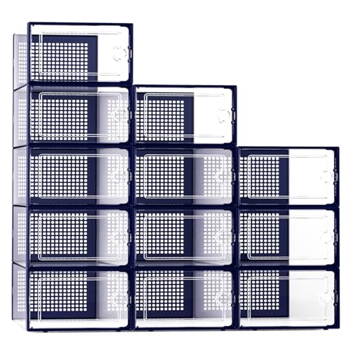 Kuject X-Large Shoe Storage Boxes Organizers Clear Plastic Stackable 12 Pack, Shoe Rack & Holder Substitute, Sneaker Containers, Toy Storage Organizer Bins for Entryway, Closet, Under Bed, Blue